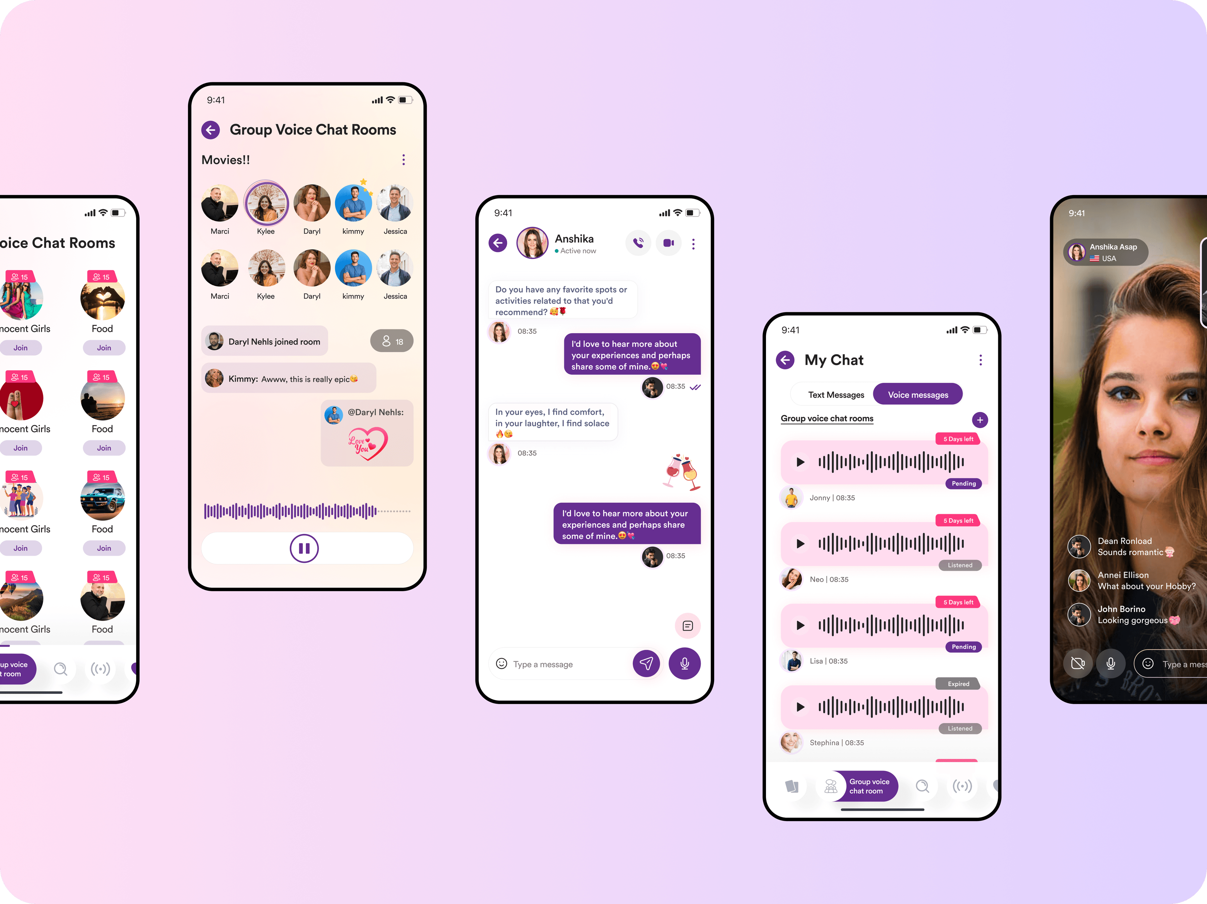 The product supports chat, voice notes, live experiences, group voice rooms, likes, notifications, and social discovery modules.