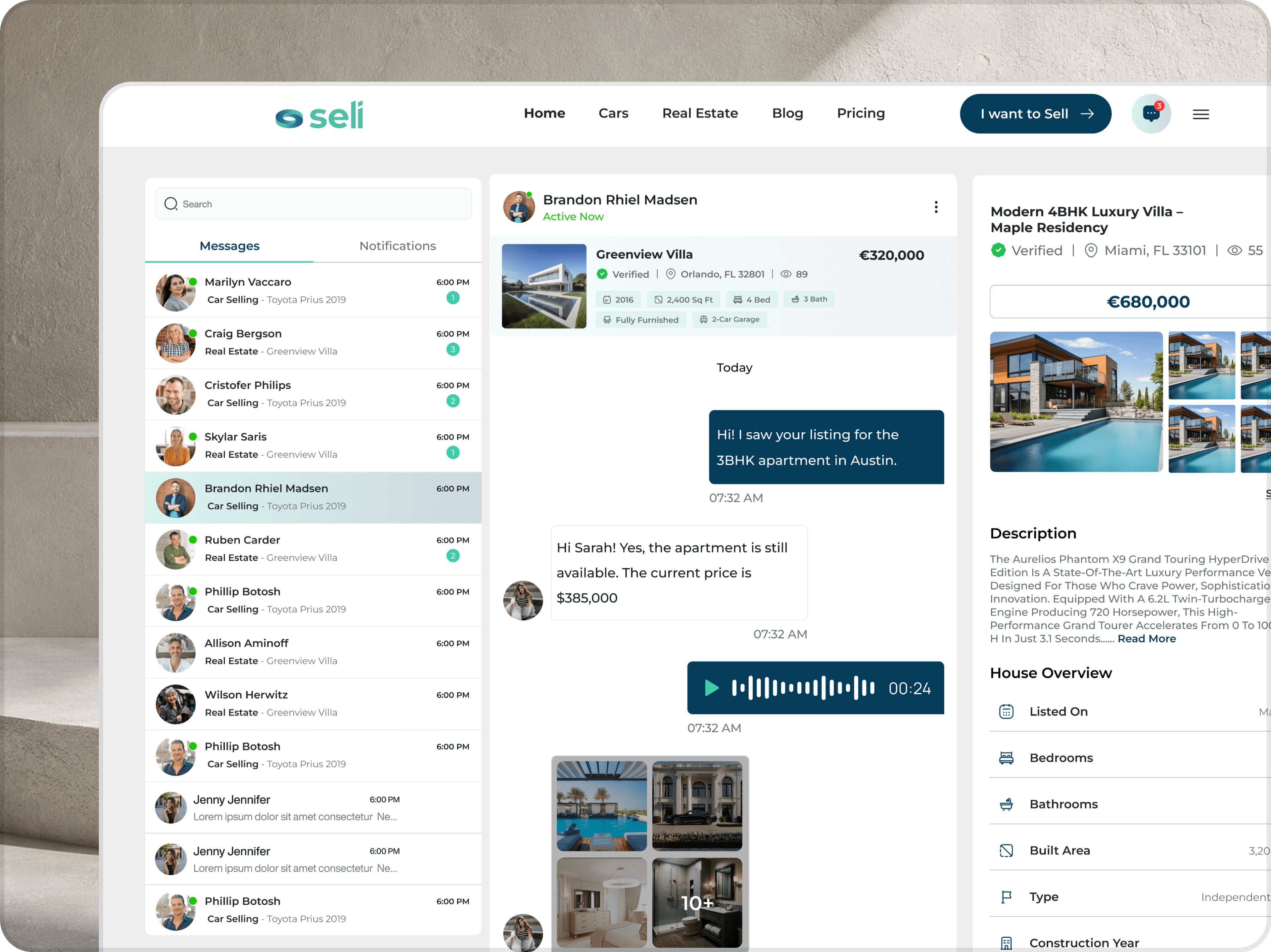 The messaging experience allows buyers and sellers to communicate directly within SELI.