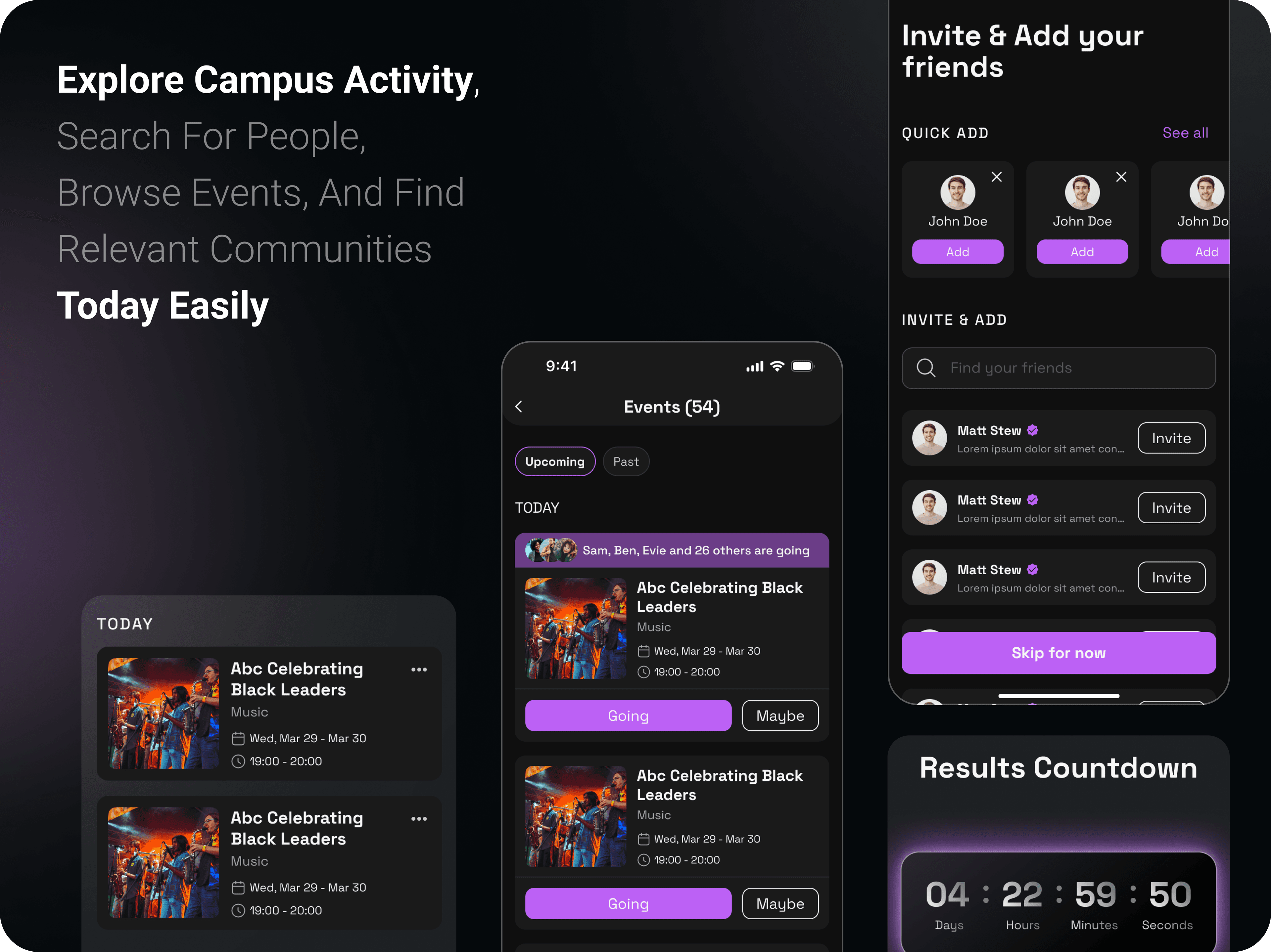 Students can explore campus activity, search for people, browse events, and find relevant communities through a unified interface