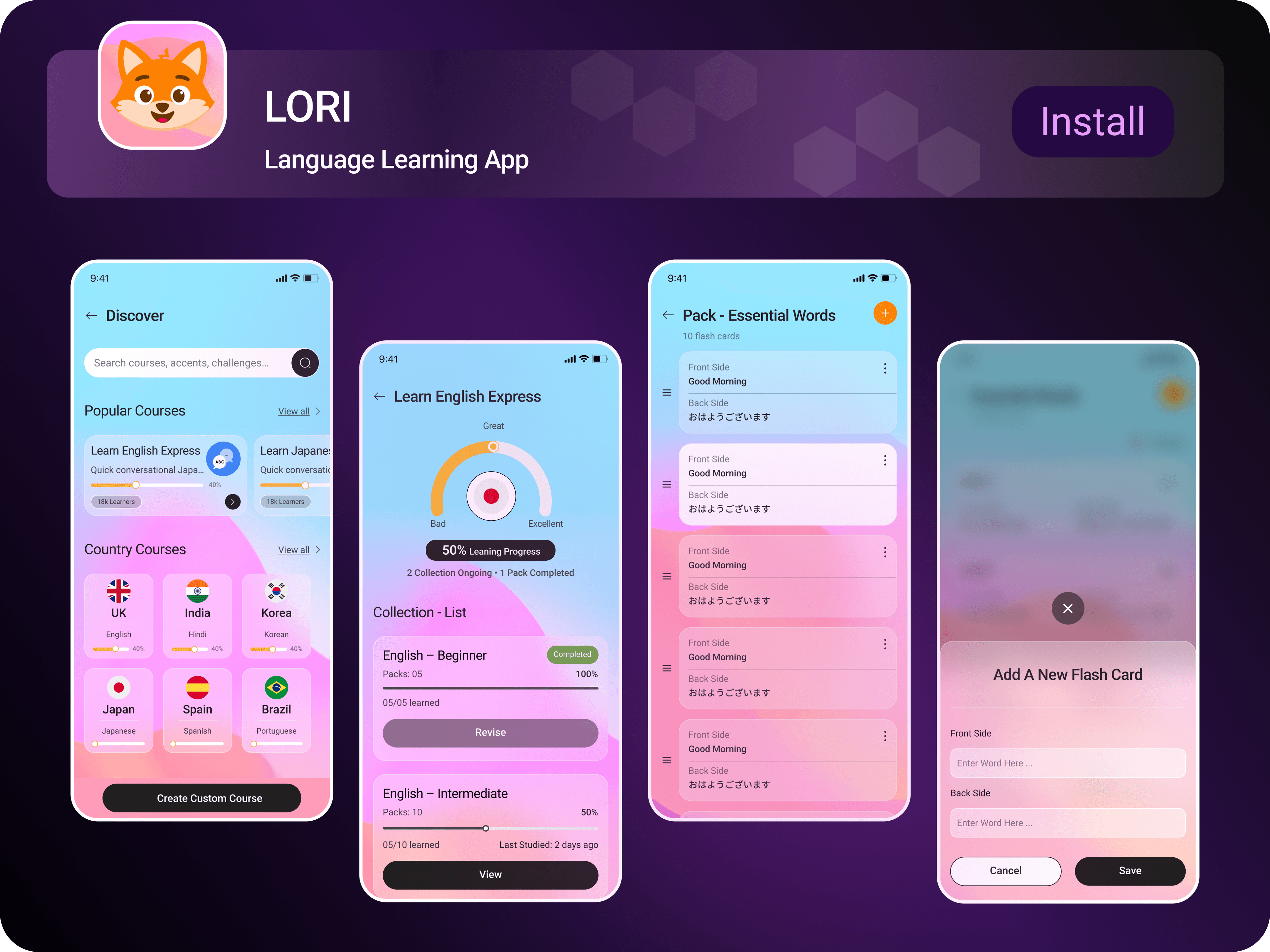 Language learning app all screens