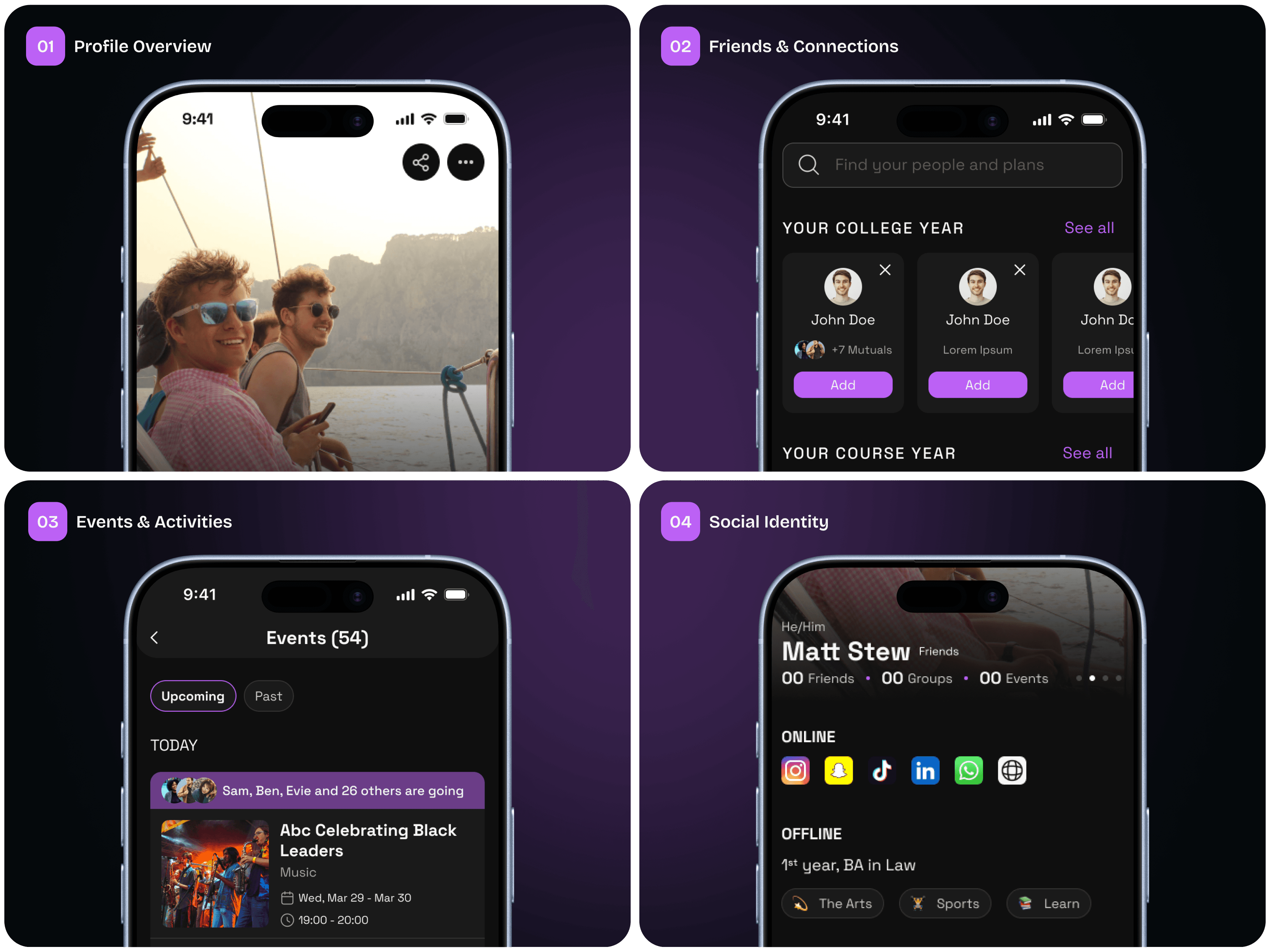 Profile details, university information, interests, friends, groups, and activity signals help turn a basic account into a meaningful student identity.